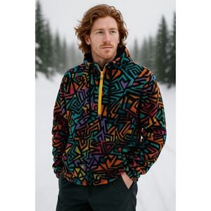 Empyre Fleece Pullover XL Y2K 90s Retro Geometric Neon Multicolor Half Zip Skate